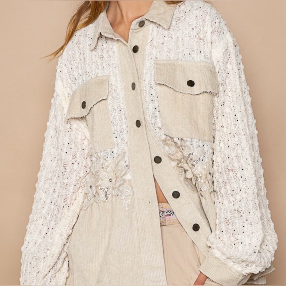 NEW POL Corduroy Beige Oversized Button Down Shacket Jacket Size Small